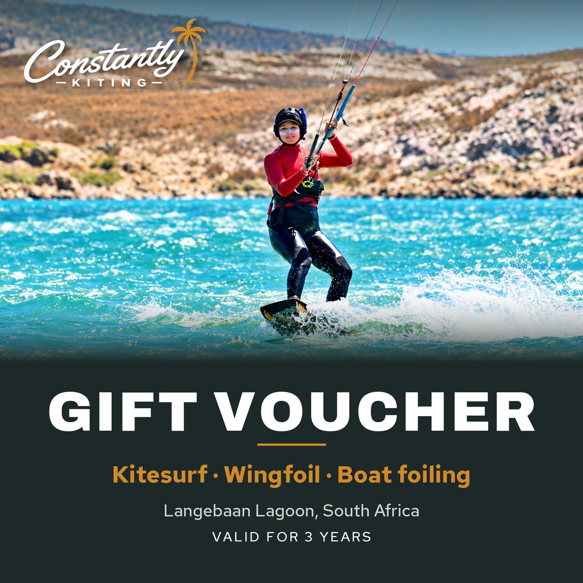 Constantly Kiting gift voucher for kitesurf, wingfoil and boat foiling lessons in Langebaan