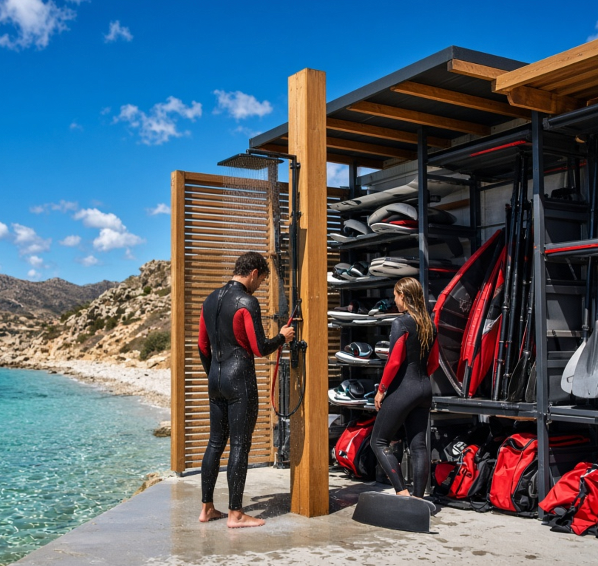 Outdoor shower and gear storage at Constantly Kiting Langebaan